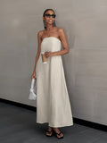 Linen Strapless Backless Long Dress for Women High Waist Patchwork Pocket Solid Color Lightweight Casual Vacation Maxi Dress Spring Summer