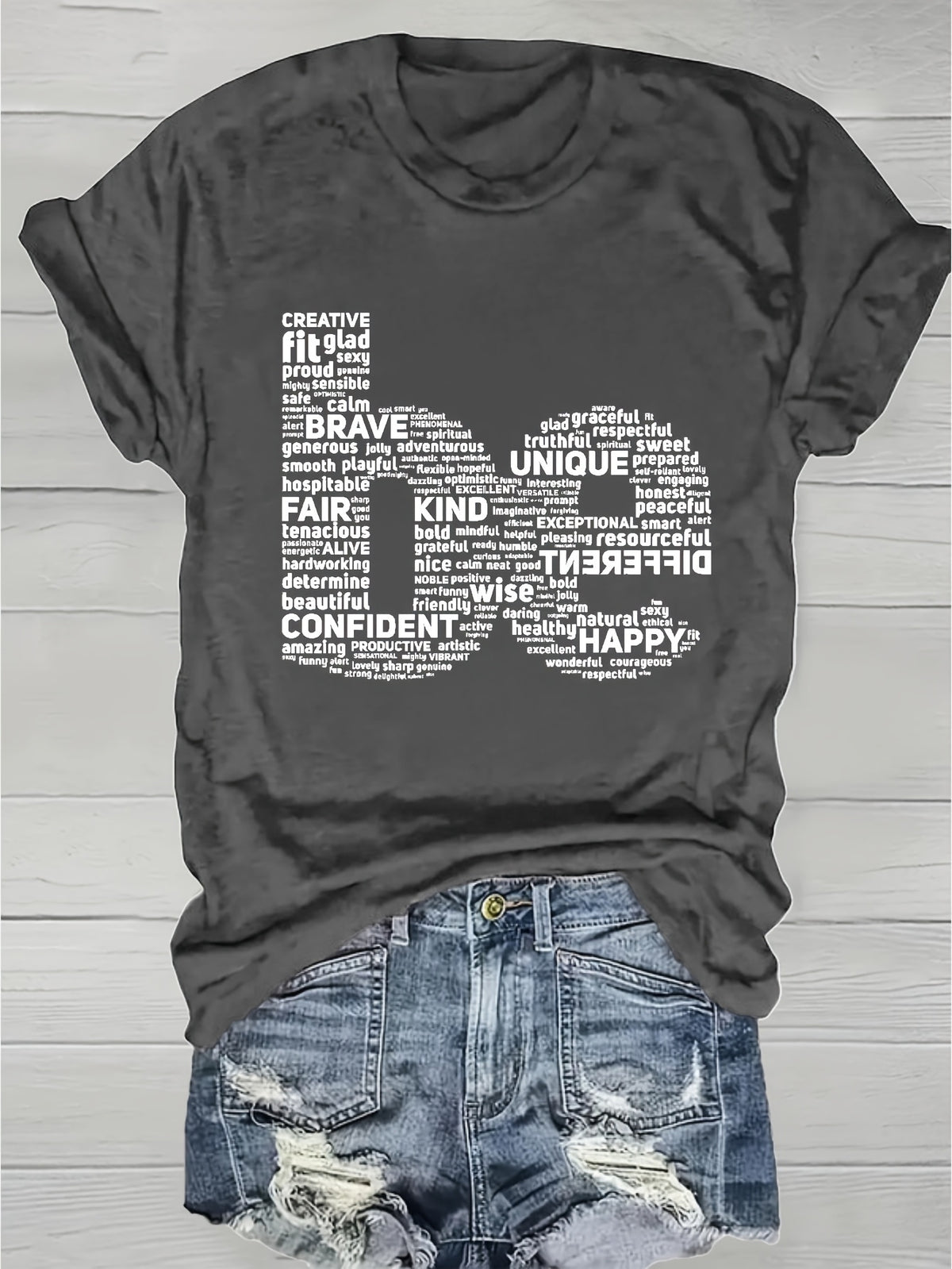 Inspirational Word Cloud Print T-Shirt Women Round Neck Short Sleeve Light Grey Positive Affirmation Casual Tee Spring Summer S-XXL