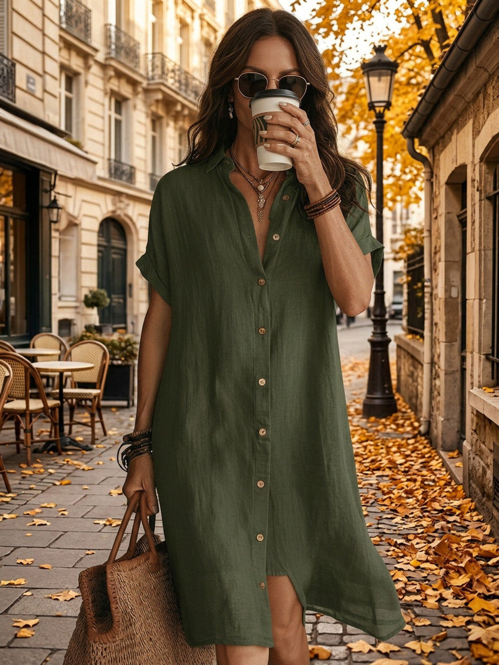 Solid Color Shirt Dress Women Short Sleeve Buttoned Lapel Collar Midi Length Casual Semi-Formal Versatile Dress for Women
