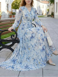 Long Sleeve Floral Maxi Swing Dress Women V-Neck Ankle Length A-Line Pendulum Chiffon Elegant Spring Fall Dress S-XXL