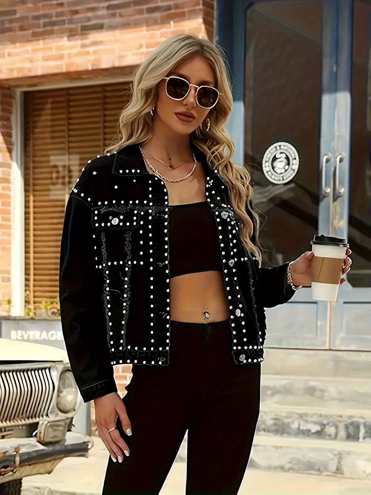 Studded Denim Jacket Women Vintage Biker Style Loose Fit Heavy Washed Non-Stretch Outerwear Fall Winter All Season Trendy Coat
