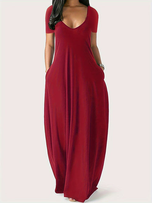 Boho V-Neck Maxi Dress Women - Short Sleeve Floor Length Solid Color Bohemian Summer Sunshine Casual Loose Party Dress, Micro-Elastic Flowy S-XXL