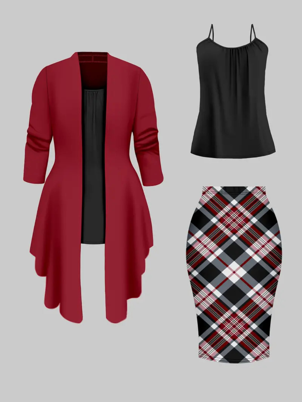 Retro Plaid 3-Piece Set for Women – Asymmetrical Hem Blazer, Black Camisole & Hip-Hugging Skirt, Wine Red Office Outfit for Autumn Winter