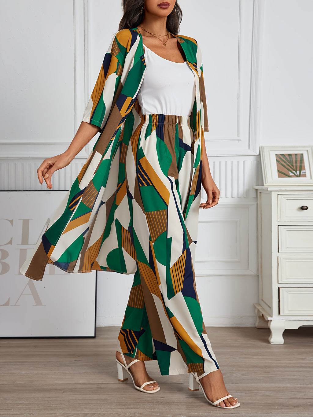 Women's 2 Piece Geo Print Pantsuit Set Short Sleeve Shirt and Wide Leg Pants Vacation Outfit Casual Elegant Summer Matching Set
