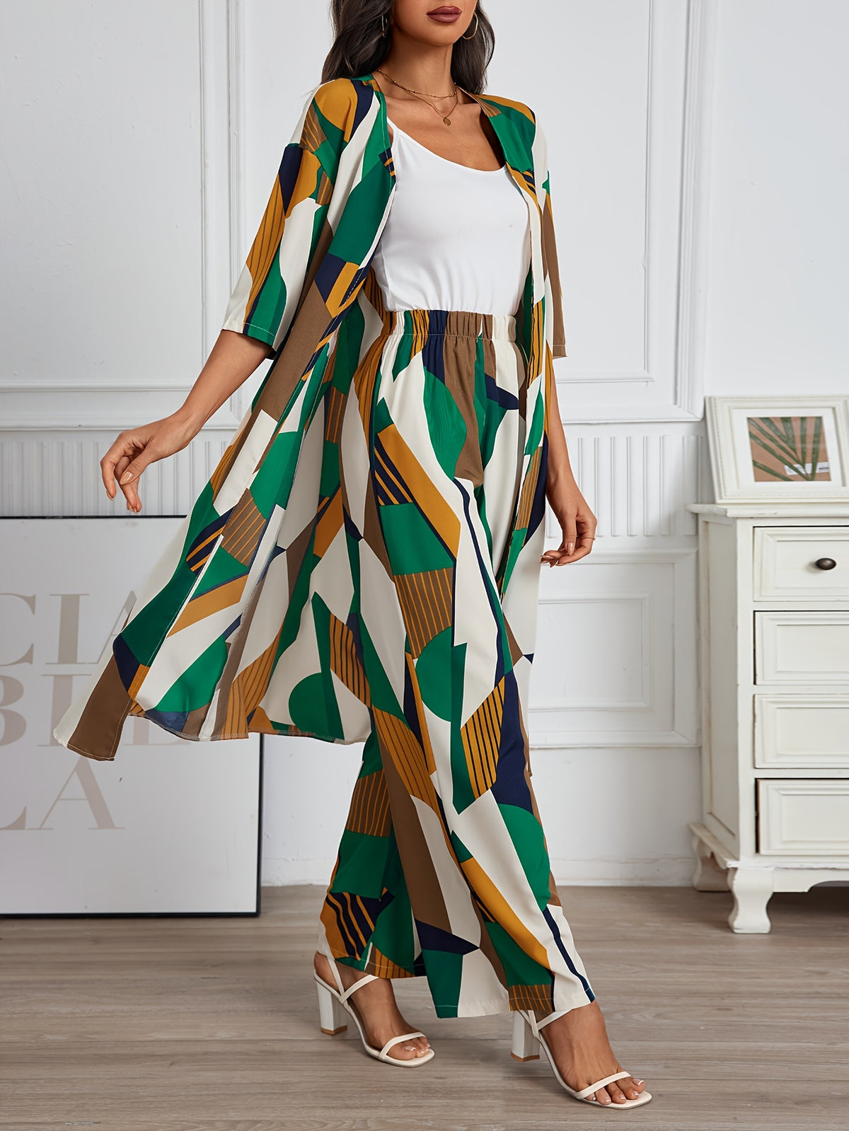 Women's 2 Piece Geo Print Pantsuit Set Short Sleeve Shirt and Wide Leg Pants Vacation Outfit Casual Elegant Summer Matching Set
