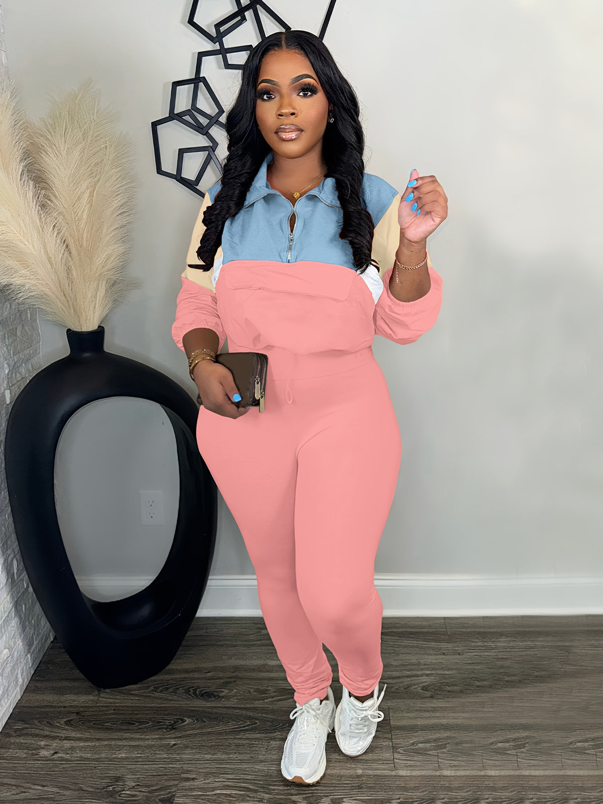 Lapel Crew Neck Sweatsuit Set for Women – Half-Zip Long Sleeve Sweatshirt & Sweatpants 2-Piece Casual Outfit, Solid Color Fall Winter Loungewear