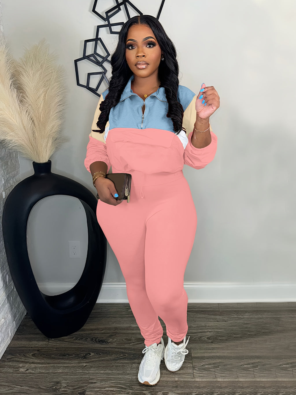 Lapel Crew Neck Sweatsuit Set for Women – Half-Zip Long Sleeve Sweatshirt & Sweatpants 2-Piece Casual Outfit, Solid Color Fall Winter Loungewear