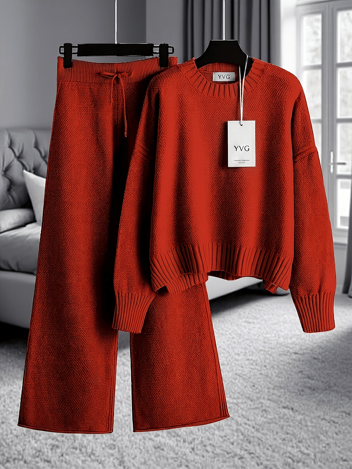 Waffle Texture Two-Piece Set Women Long Sleeve Hoodie High Waist Wide Leg Pants Casual Loose Retro Fall Tracksuit Set S-XXL