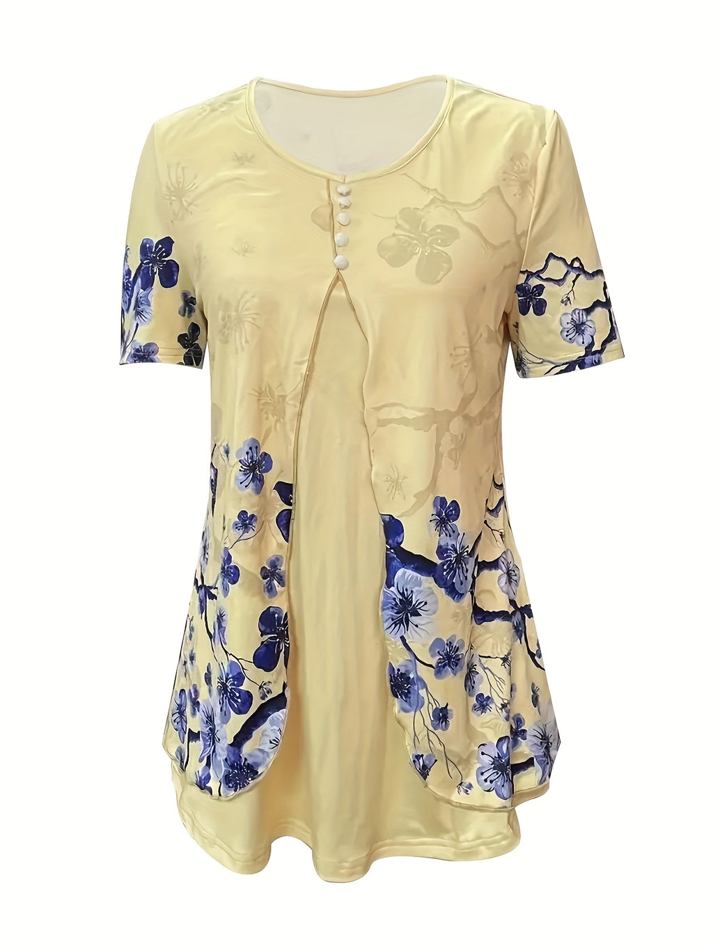 Women's Stud Print Fake 2-Piece V-Neck T-Shirt Short Sleeve Summer Casual Layered Look Top