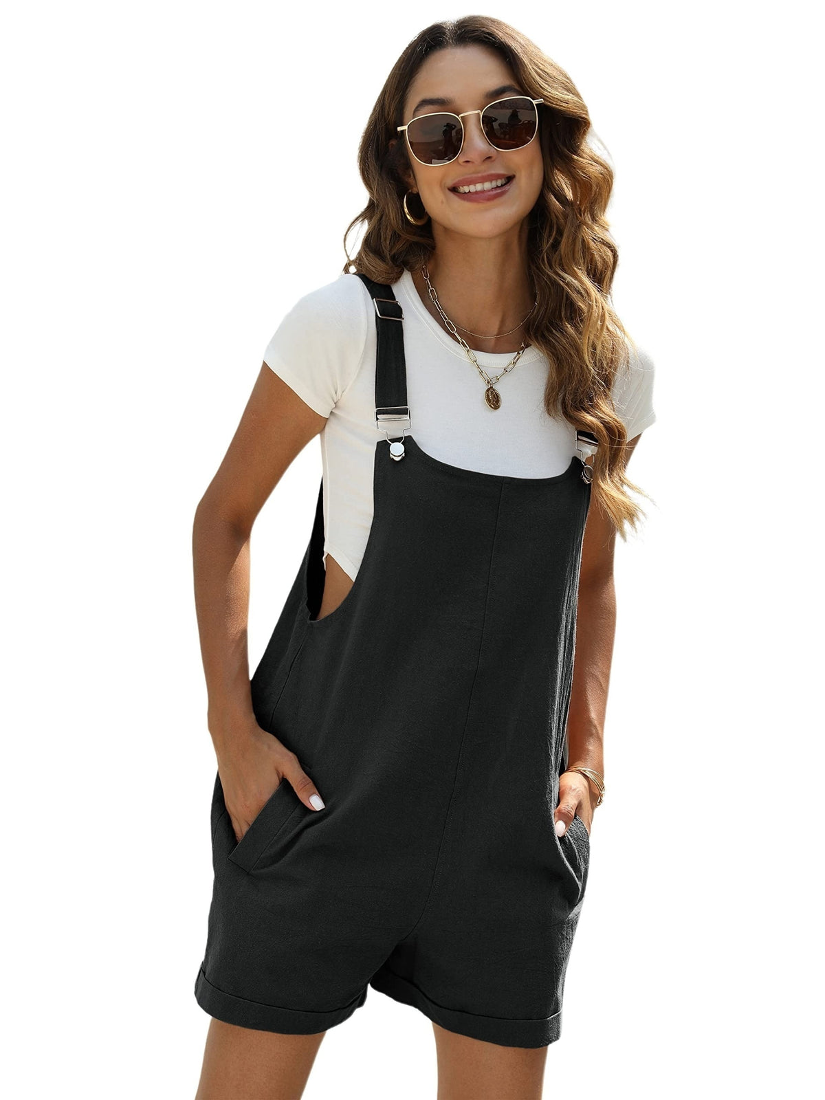 Women Sleeveless Linen Blend Jumpsuit Wide Leg Overalls Shorts with Pockets Casual Spring Fall