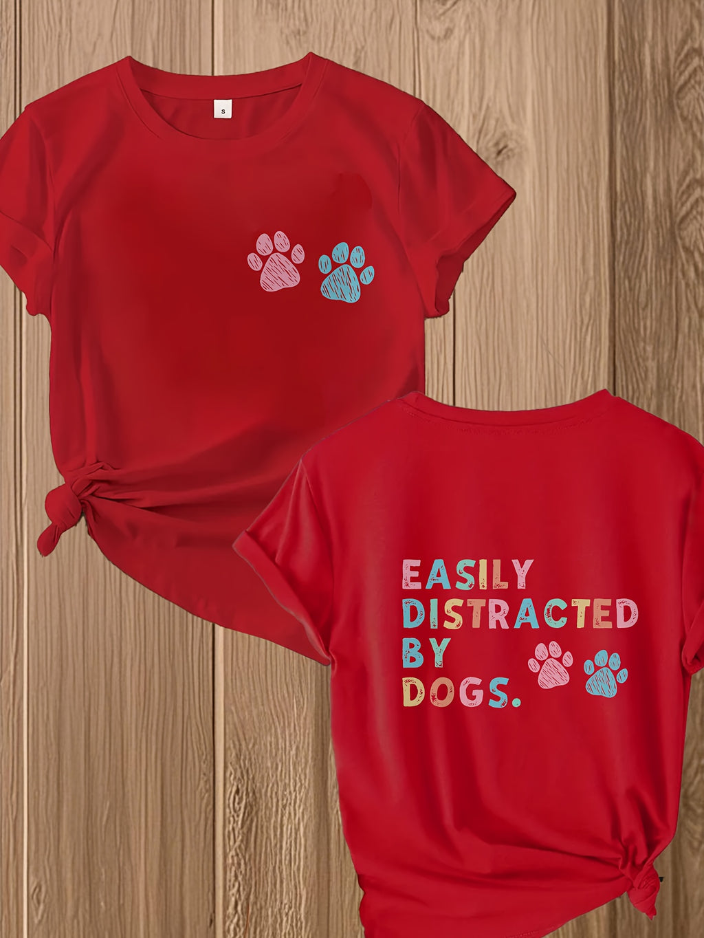 Dog Lover T-Shirt Easily Distracted by Dogs Paw Print Graphic Tee Women Short Sleeve Crew Neck Casual Summer Top Pet Owner Gift Burgundy White Apricot Red