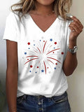 Patriotic Fireworks V-Neck T-Shirt Women Red Blue Holiday Graphic Tee Short Sleeve Casual Top Machine Washable Soft Stretch Knit All Seasons S-XXL