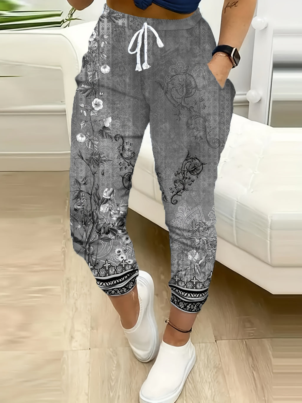 Floral Print Drawstring Cropped Jogger Pants Women Casual Stretchy Knit Elastic Waist Machine Washable Spring Summer S-XL