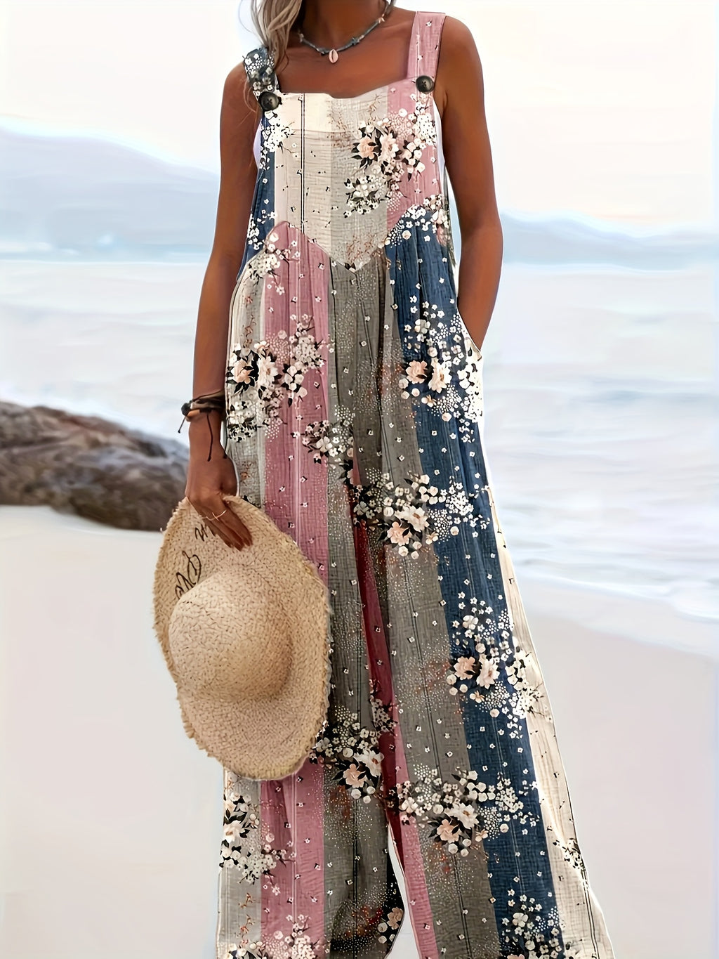 Print Loose Sleeveless Pantsuit for Women Square Collar Button Front Casual Summer Two-Piece Set