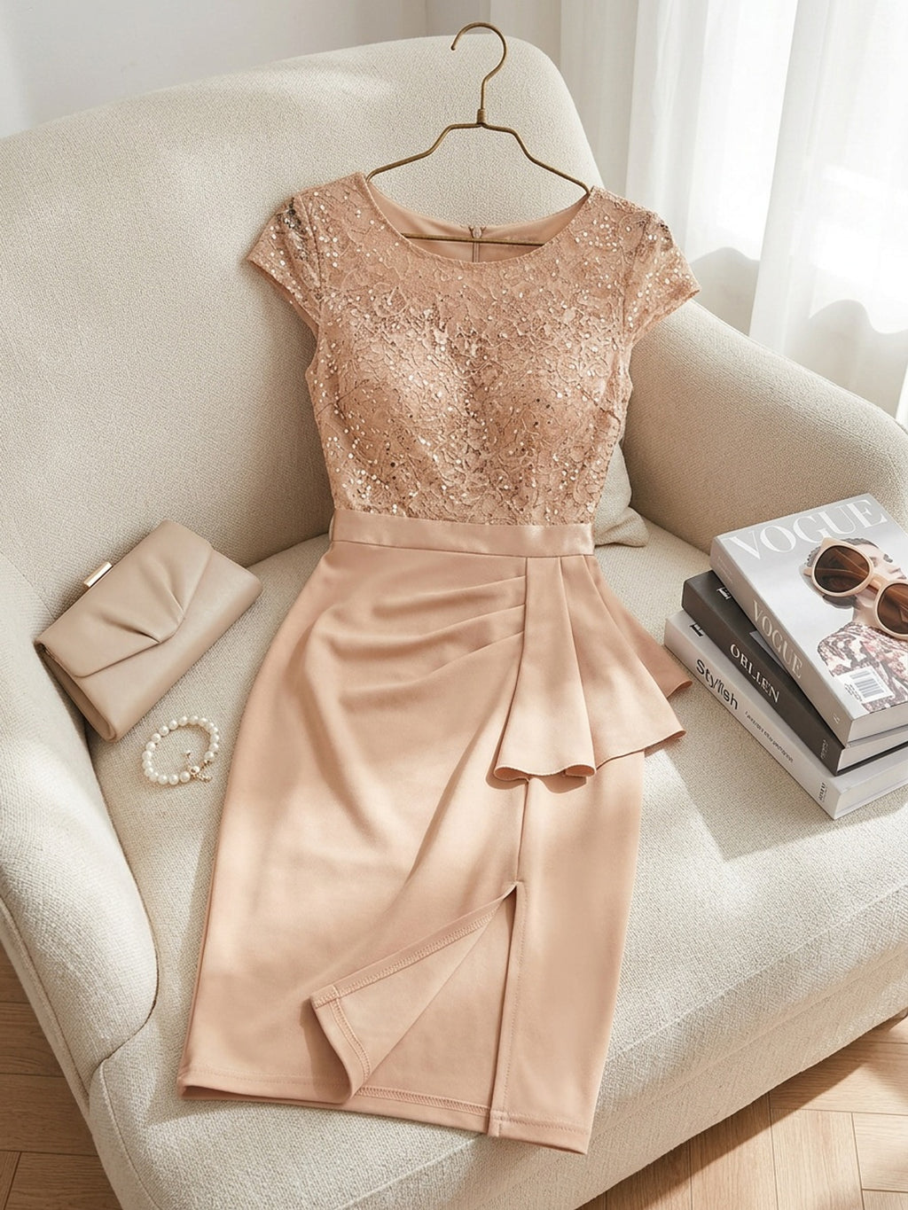 Sequin Lace Bridesmaid Midi Dress Women Cap Sleeve Ruffled Hem Side Slit Formal Wedding Guest Evening Dress