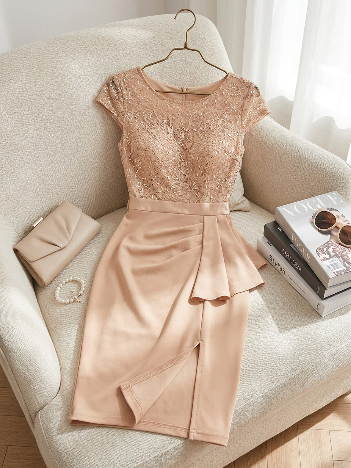Sequin Lace Bridesmaid Midi Dress Women Cap Sleeve Ruffled Hem Side Slit Formal Wedding Guest Evening Dress