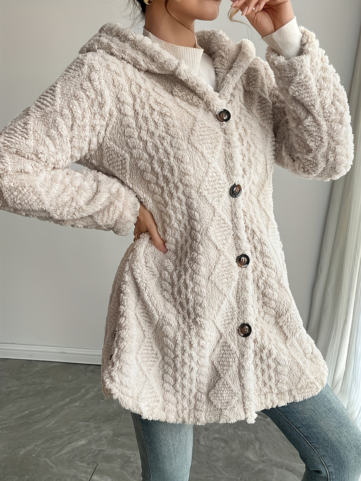 Hooded Fuzzy Coat Women Mid-Length Jacket with Buttons Soft Warm Fleece Fall Winter Outerwear 5 Colors S-XXL