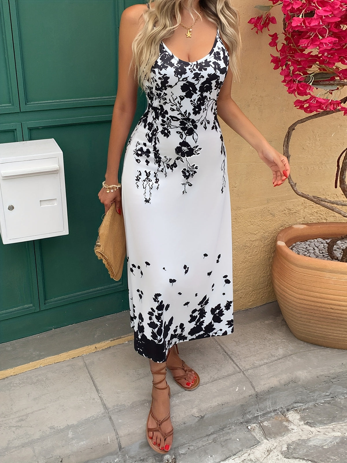 Floral Tropical Print Maxi Dress Women V Neck Spaghetti Strap Summer Vacation Beach Holiday Long Dress Elegant S-XXL