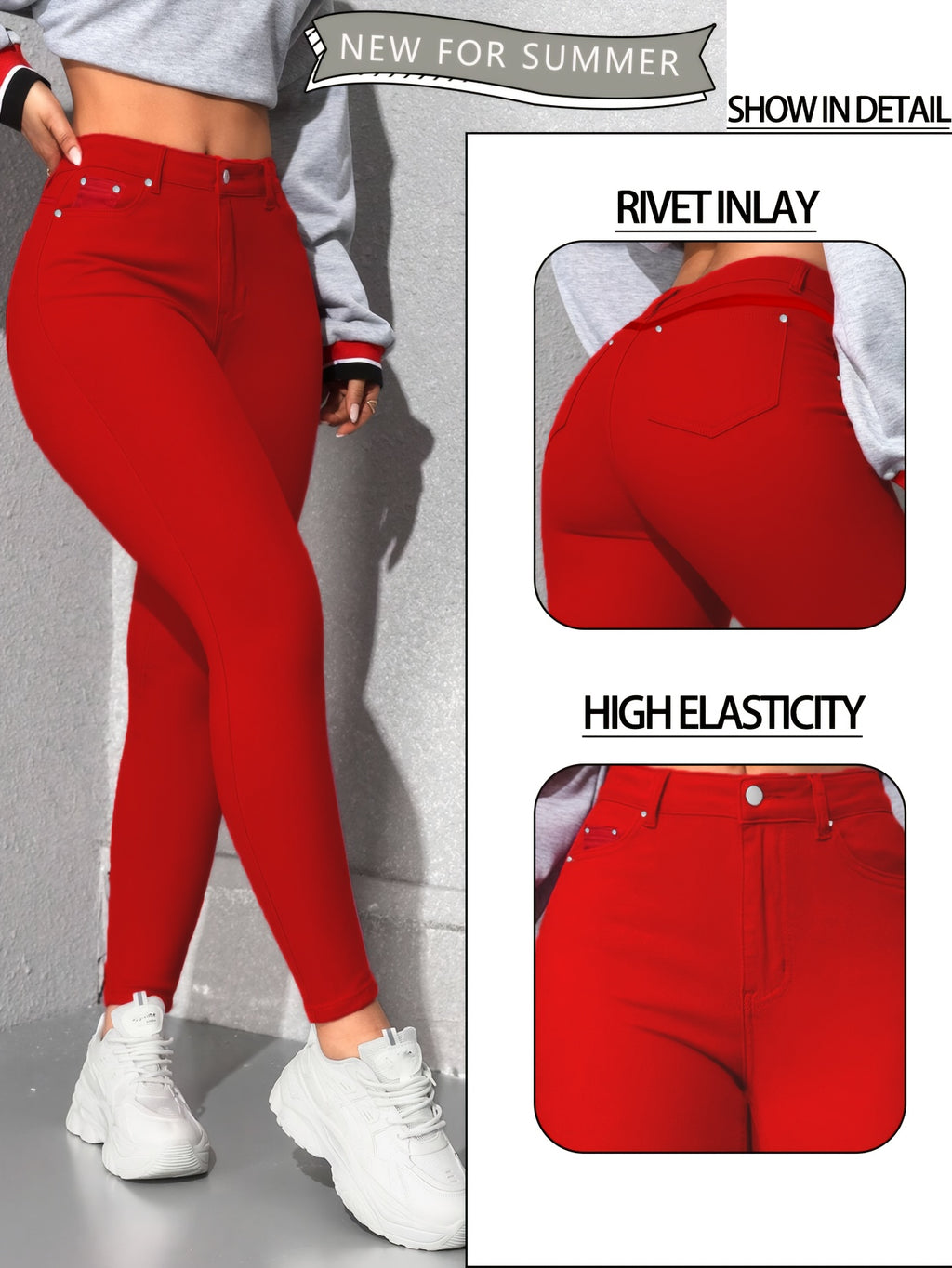 Red High Waisted Skinny Jeans for Women – Rivet Detail Stretch Denim, Tummy Control Booty Lifting Slim Fit, Sizes S-XXL