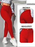 Red High Waisted Skinny Jeans for Women – Rivet Detail Stretch Denim, Tummy Control Booty Lifting Slim Fit, Sizes S-XXL