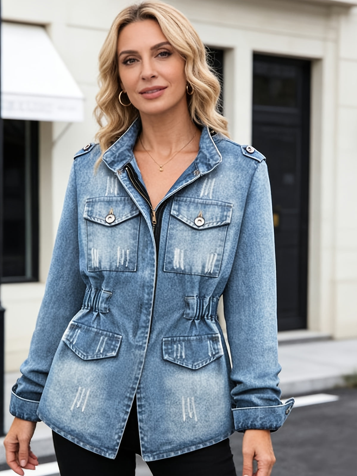 Round Neck Three Quarter Sleeve Short Denim Jacket Women Casual Daily Outfit Spring Autumn Jean Coat Blue Light Blue