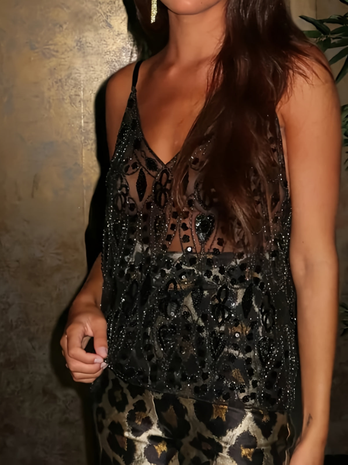 Sequin Halter Top Women V Neck Beaded Elegant Party Vest Sleeveless Apricot S