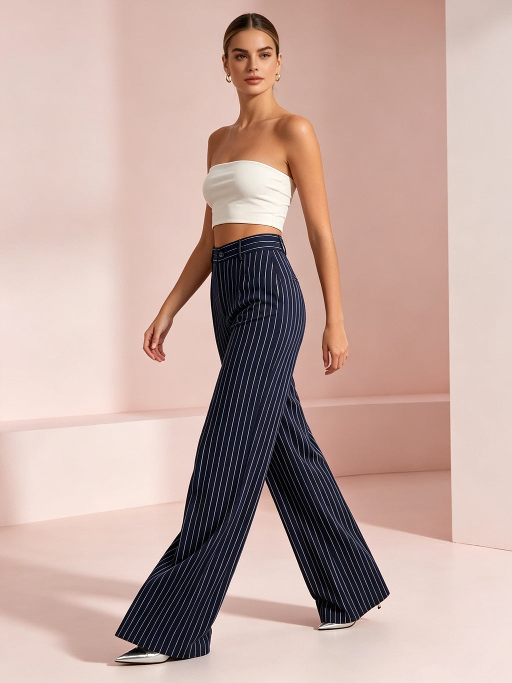 Striped Wide Leg Pants 2 Piece Set Women - High Waist Loose Fit Elegant Casual Outfit with Asymmetrical Pockets, All Season Polyester Machine Washable Work & Daily Fashion Set