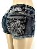 Rhinestone Embroidered Wings Denim Shorts for Women - Heavy Crystal Glam Hot Pants | Deep Blue Sparkle Party Festival Streetwear | Spring Summer Statement Piece S-XXL