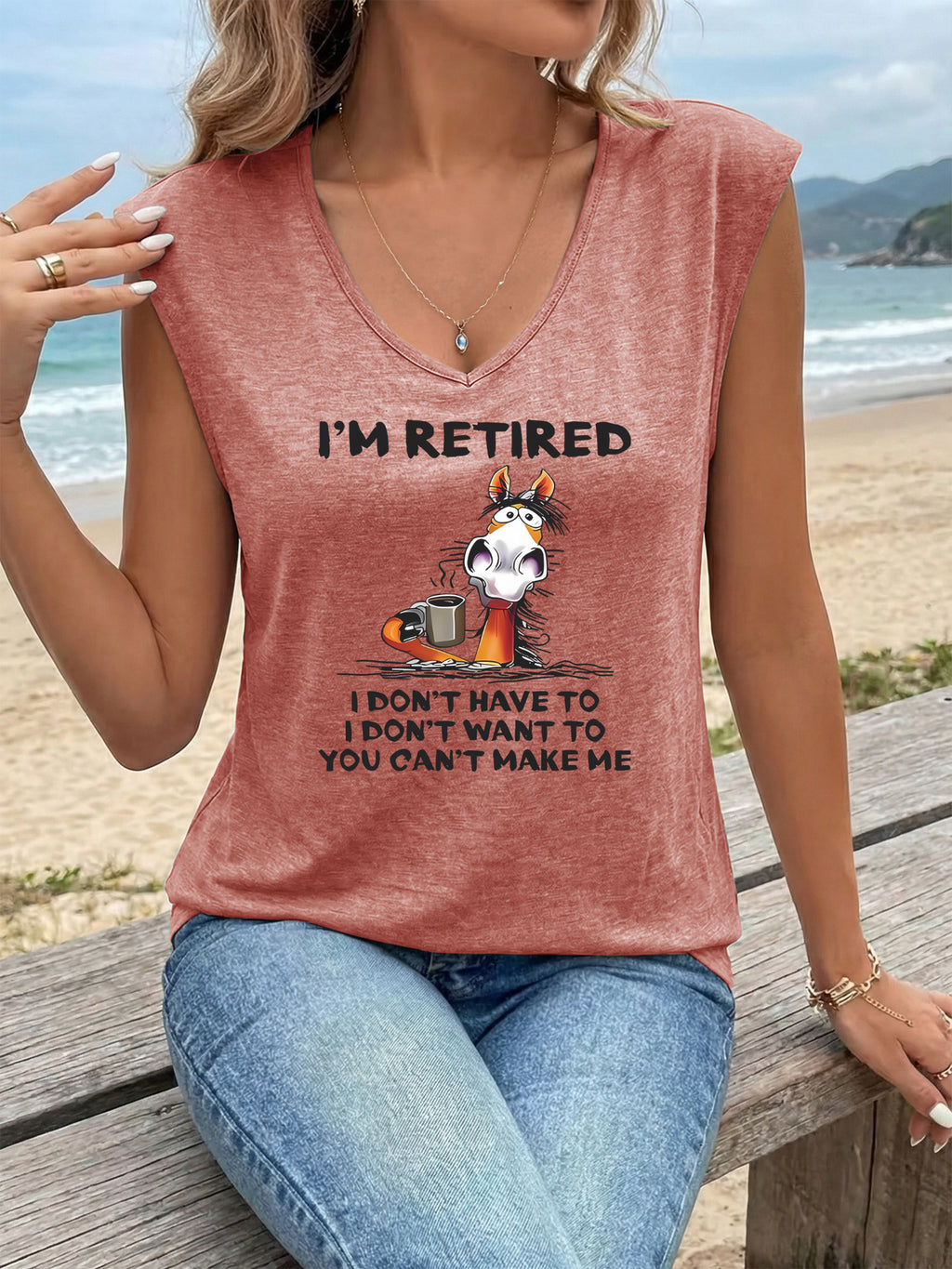 Women's V-Neck Sleeveless Tank Top Funny Retired Cartoon Graphic Tee Breathable Stretch Knit Summer Beach Casual T-Shirt