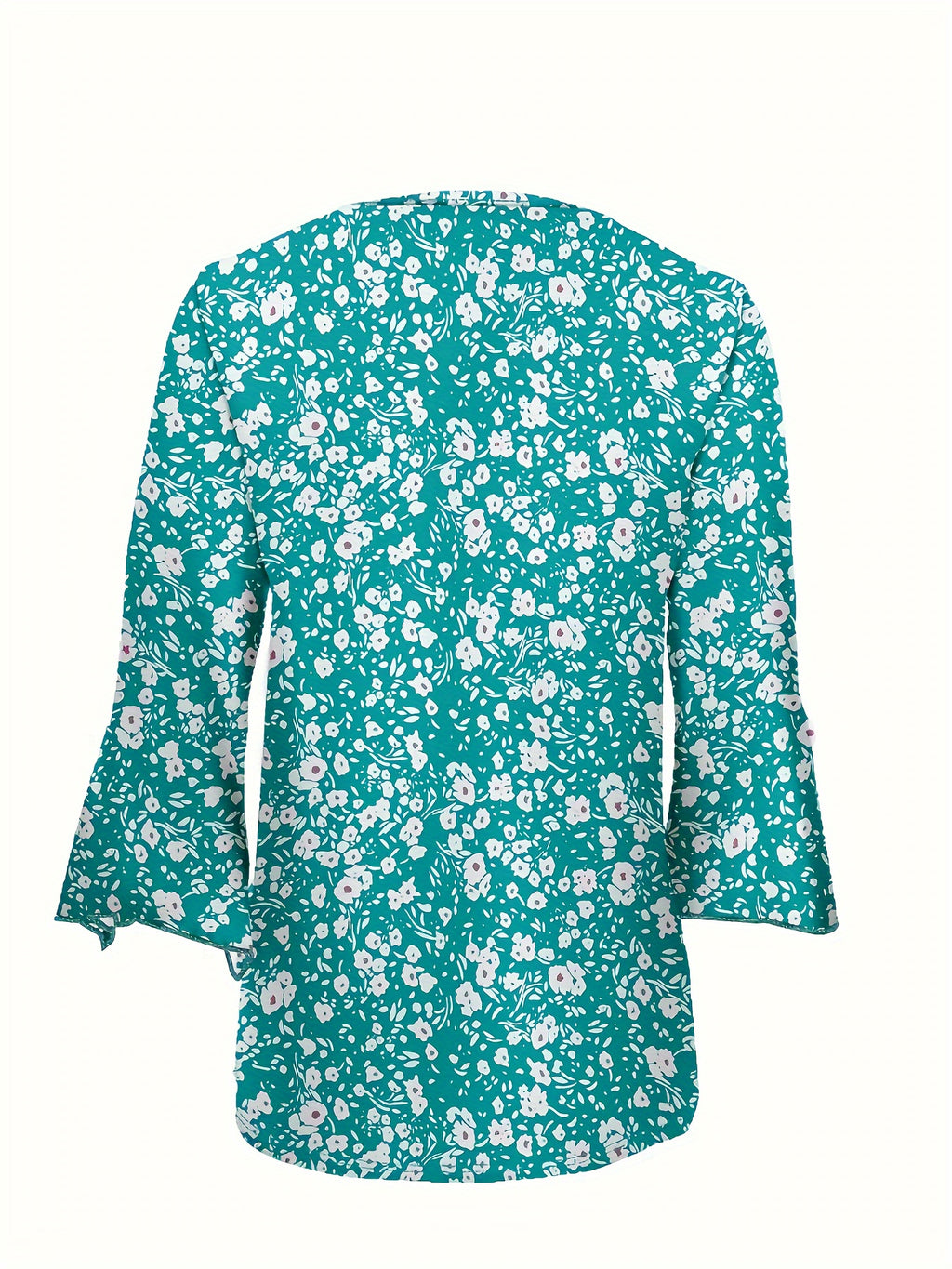 Women's Floral Print Notched Neck Blouse Flare Sleeve Spring Fall 100% Polyester Machine Washable Mineral Green S-XL