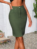 Women High Waist Green Denim Pencil Skirt Back Slit Five Pockets Slim Fit Stretch Casual Street Style Spring Summer Fall