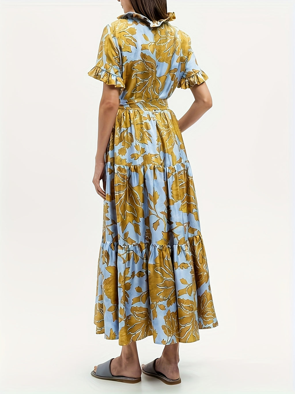 Floral Print Maxi Dress Women V-Neck Ruffle Chest Belted Waist Tiered Skirt with Pockets | Blue Yellow Short Sleeve Summer Dress