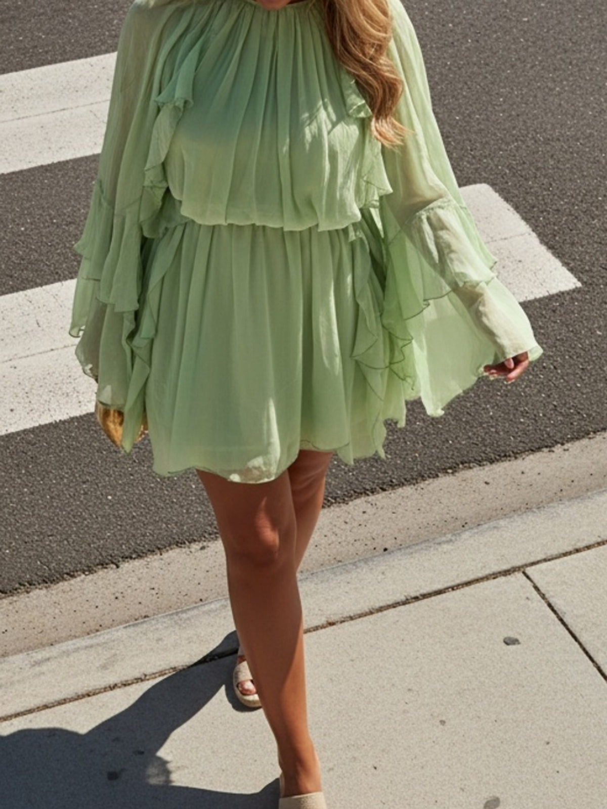 Layered Ruffle Chiffon A-Line Dress Women Loose Flowy Semi-Sheer Casual Vacation Spring Summer Dress S-XXL