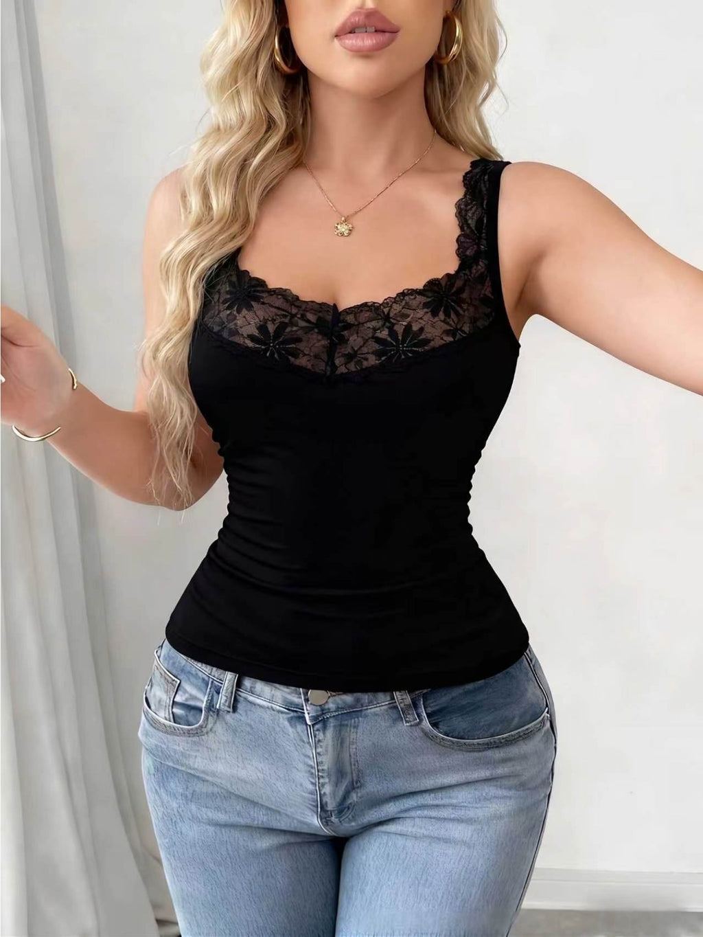 Lace V-Neck Tank Top 3-Pack Women Wide Shoulder Strap Sleeveless Vest Casual Summer Top Black White Gray S-XXL
