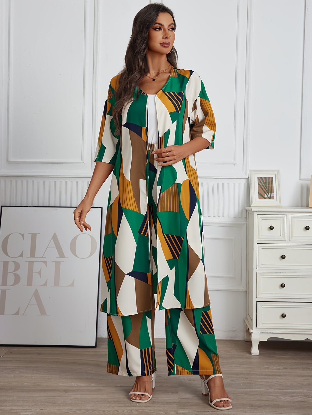 Women's 2 Piece Geo Print Pantsuit Set Short Sleeve Shirt and Wide Leg Pants Vacation Outfit Casual Elegant Summer Matching Set