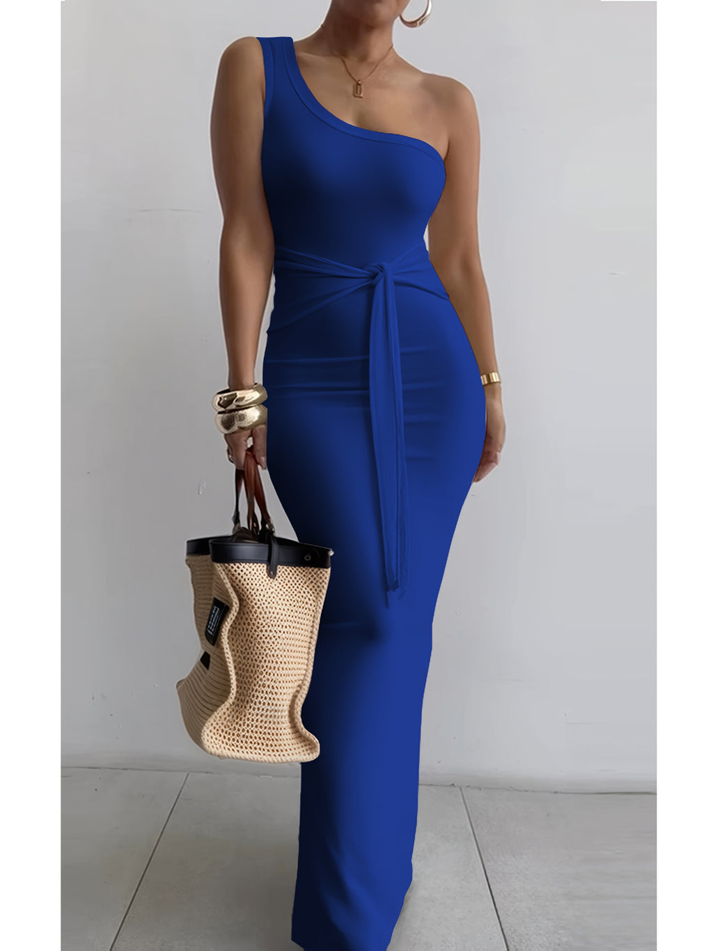 One Shoulder Long Dress Women Pencil Fit Drawstring Waist Sexy Knit Bodycon Maxi Dress Summer Party Dress S-XXL