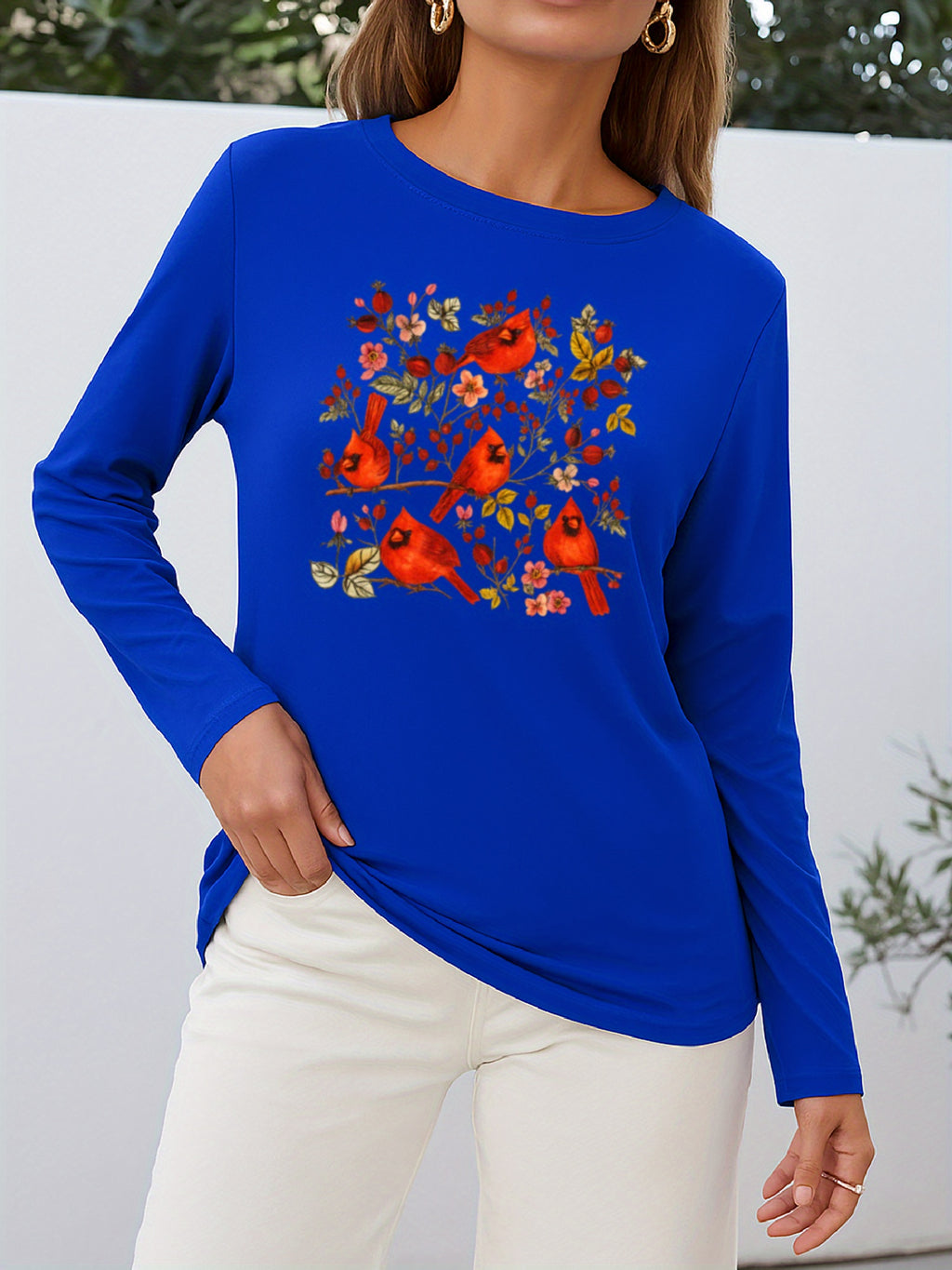 Magpie Floral Print Long Sleeve T-Shirt Women Casual Round Neck Graphic Tee Spring Summer Fall Knit Top