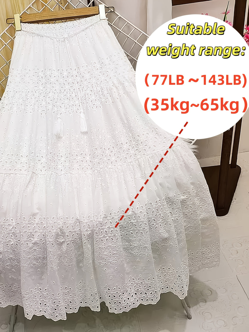 Eyelet Embroidered A-Line Midi Skirt Women Boho Drawstring Elastic Waist Flowy Layered Casual Vacation Dress Green Machine Washable S-XL