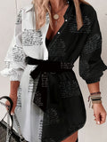 Black White Contrast Shirt Dress Women Waist Tie Polo Collar Long Sleeve A-Line Printed Midi Dress | Daily Wear