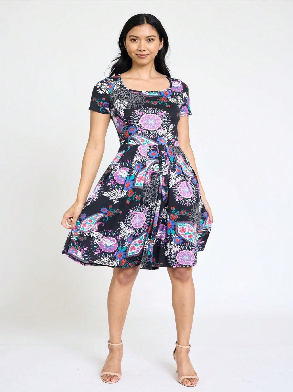 Paisley Floral Swing Dress Women Chevron Stripe Patchwork Pleated Square Neck Elastic Waist Midi Casual Plus Size S-3X