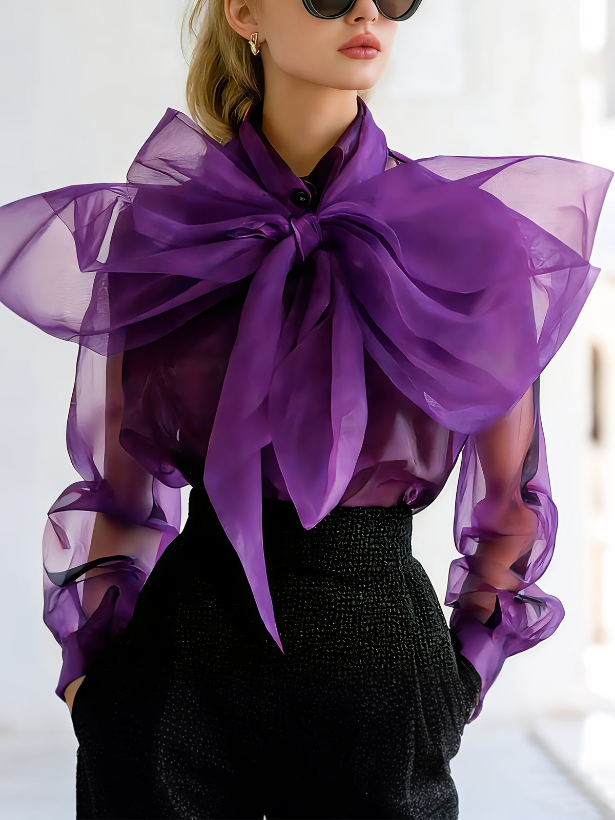 Sheer Chiffon Oversized Bow Neck Blouse for Women – Elegant Long Sleeve Transparent Purple Top for Date Night Party Casual Chic