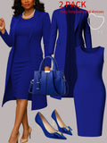 2 Piece Set Women Solid Color Long Sleeve Button Shirt + Sleeveless Dress Elegant Commute Office Lady Outfit S-XXL