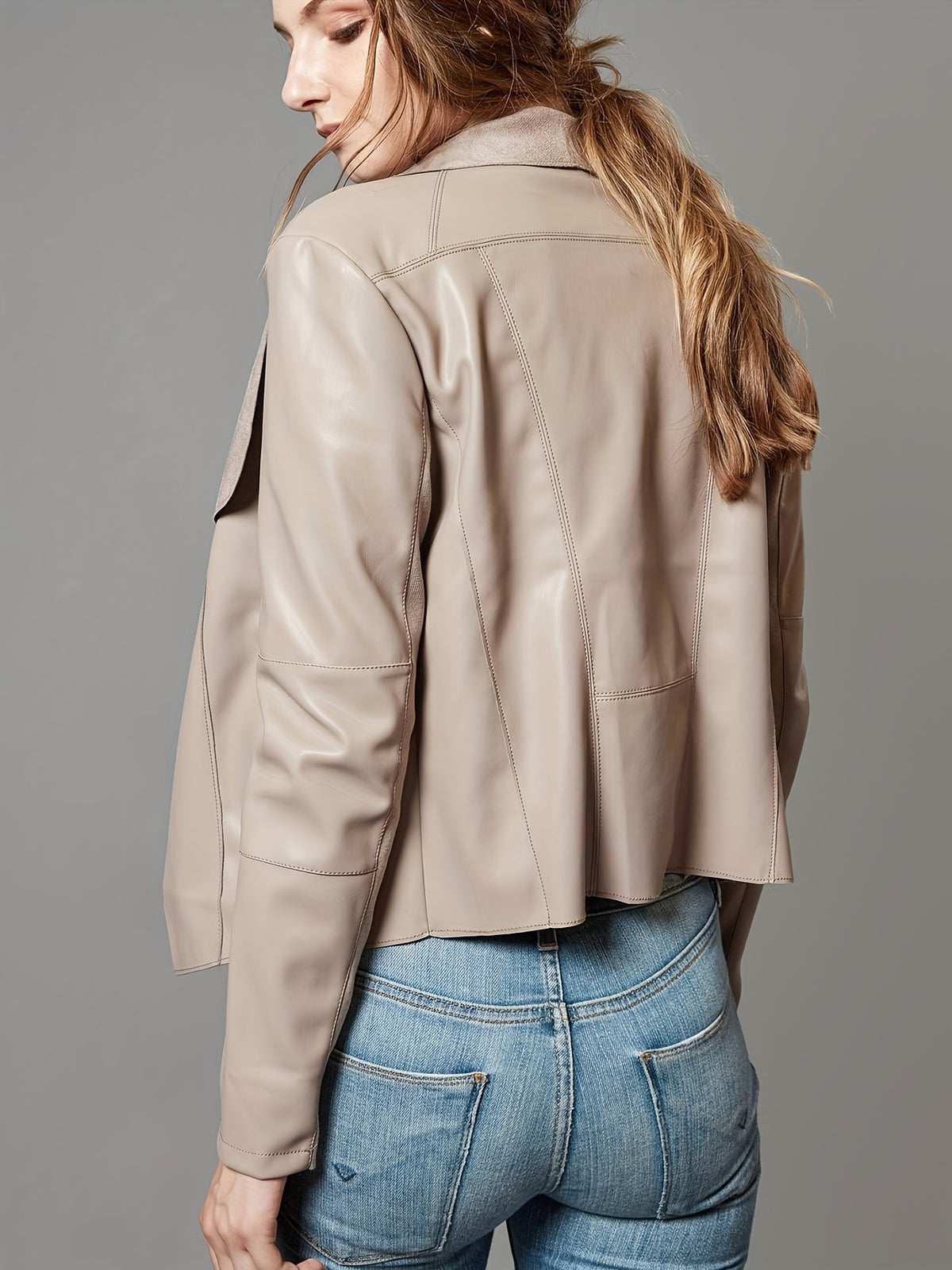 Slim Fit Faux Leather Blazer Women Open Front Lapel Jacket Coat Light Blue Chocolate Khaki Black Olive Green S-XL