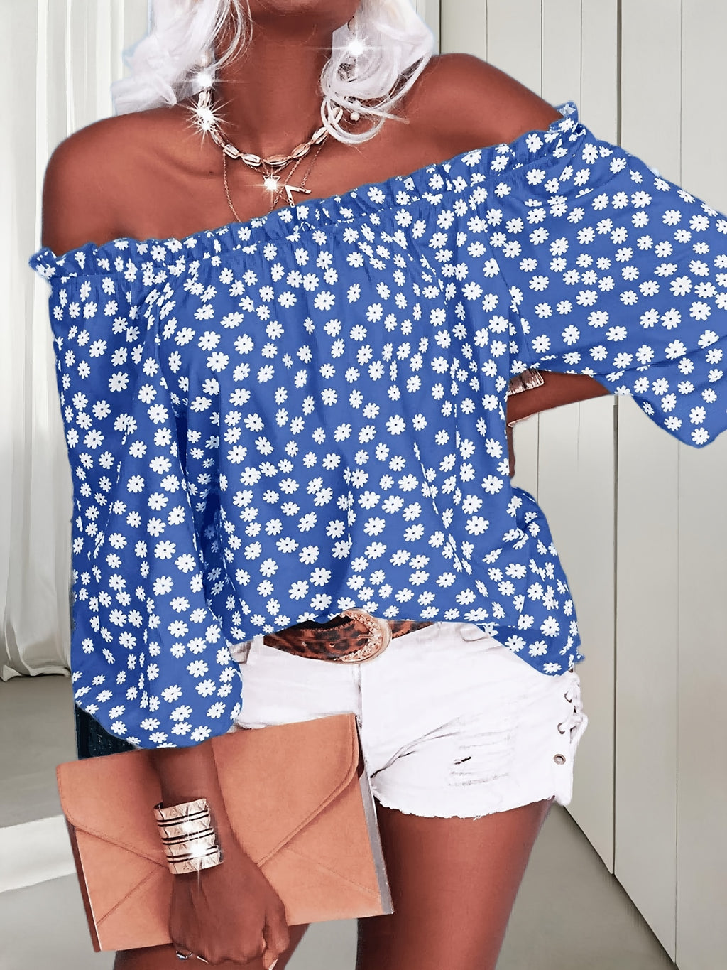 Floral Off Shoulder Chiffon Blouse Women 3/4 Sleeve Casual Summer Top Shirt 10 Colors S-XXL