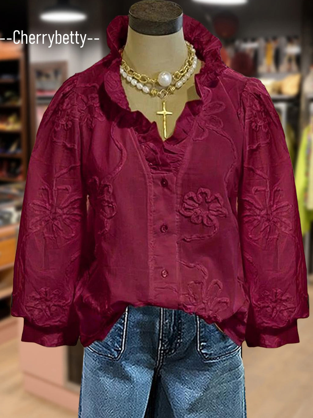 3D Flower Embroidered Puff Sleeve Blouse Women Ruffle Neck Elegant Top | Chic Party Shirt Summer Easter St. Patrick's Day Outfit White Pink S-XXL