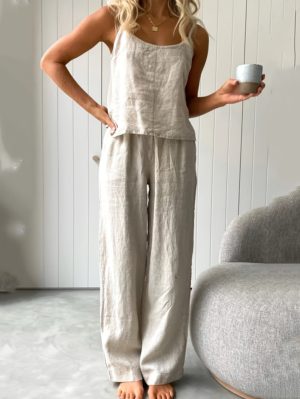 Camisole Pants Two-Piece Set Women Sleeveless Loose Fit Elegant Coord Outfit | Chic Feminine Matching Set for Summer Spring Casual Daily Wear & Vacation