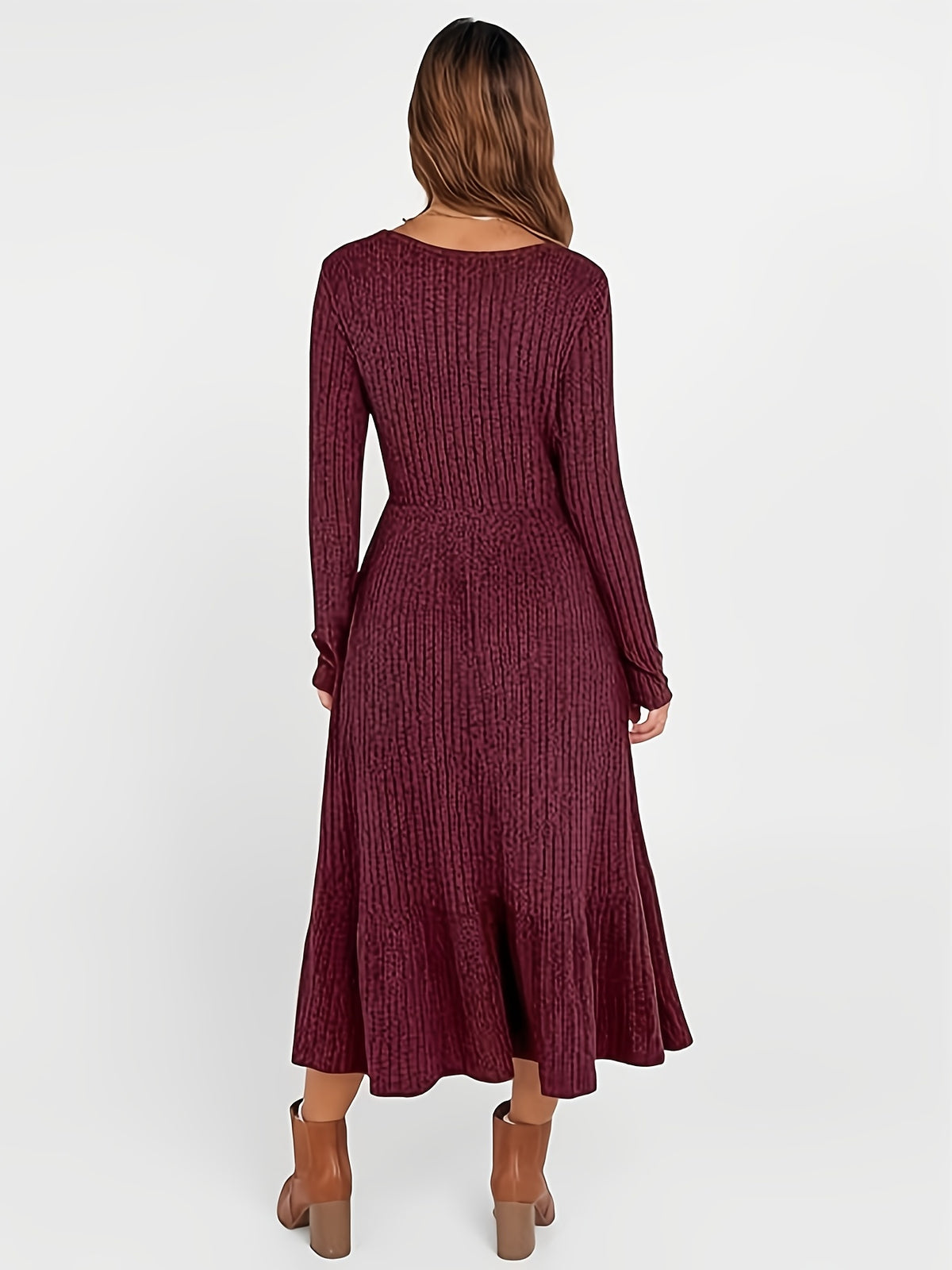 Ribbed Waist-Cinched Maxi Dress for Women | Crew Neck Knit Long Dress with Pockets | Warm Flattering Fall Winter Dress | Solid Color Office Casual Dress Women