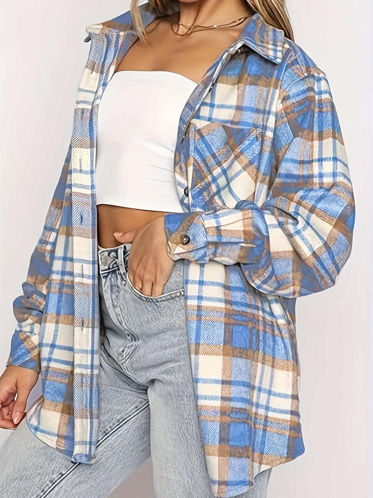 Plaid Flannel Shacket Women Button Long Sleeve Shirt Jacket with Pockets Casual Cozy Mixed Colors S-XXL