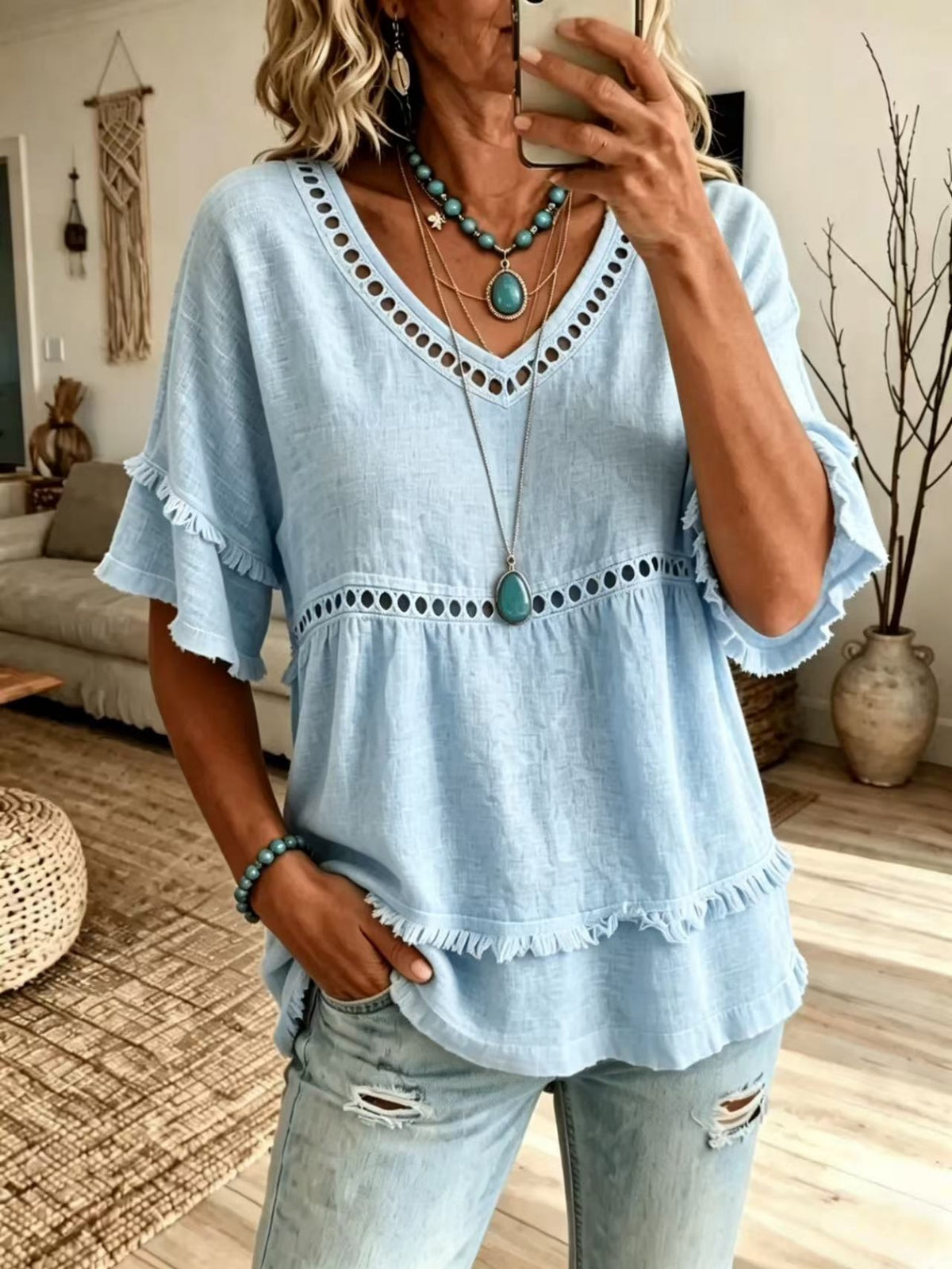 Peplum Blouse Women V-Neck Eyelet Fringe Trim Short Sleeve Casual Top Solid Color Stretch Spring Summer S-XXL