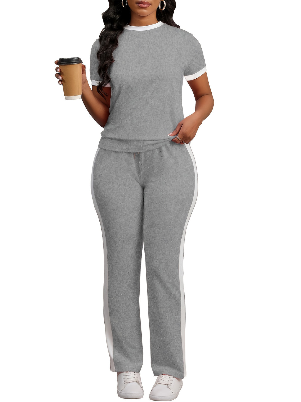 Women Colorblock 2 Piece Tracksuit Set Short Sleeve Crew Neck Top Striped Sweatpants Casual Lounge Jogger Matching Outfit for Workout Everyday Wear